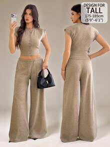 SHEIN Tall Solid Crop Sweater Vest & Wide Leg Knit Pants - Brown - View 1