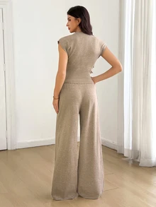 SHEIN Tall Solid Crop Sweater Vest & Wide Leg Knit Pants - Brown - View 7