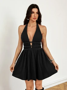 SHEIN Tall Plunging Neck Backless Halter Dress - Black - View 4
