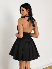 SHEIN Tall Plunging Neck Backless Halter Dress - Black - View 2
