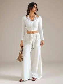 SHEIN Tall Drawstring Waist Wide Leg Pants - White - View 6
