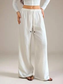 SHEIN Tall Drawstring Waist Wide Leg Pants - White - View 4