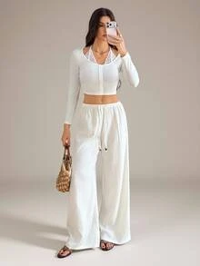 SHEIN Tall Drawstring Waist Wide Leg Pants - White - View 7