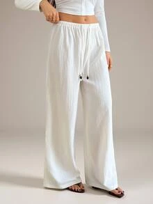 SHEIN Tall Drawstring Waist Wide Leg Pants - White - View 5