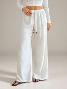 SHEIN Tall Drawstring Waist Wide Leg Pants - White - View 2