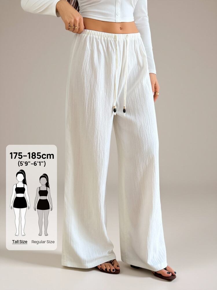 SHEIN Tall Drawstring Waist Wide Leg Pants - White - View 8