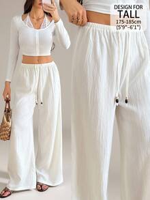 SHEIN Tall Drawstring Waist Wide Leg Pants - White - View 1
