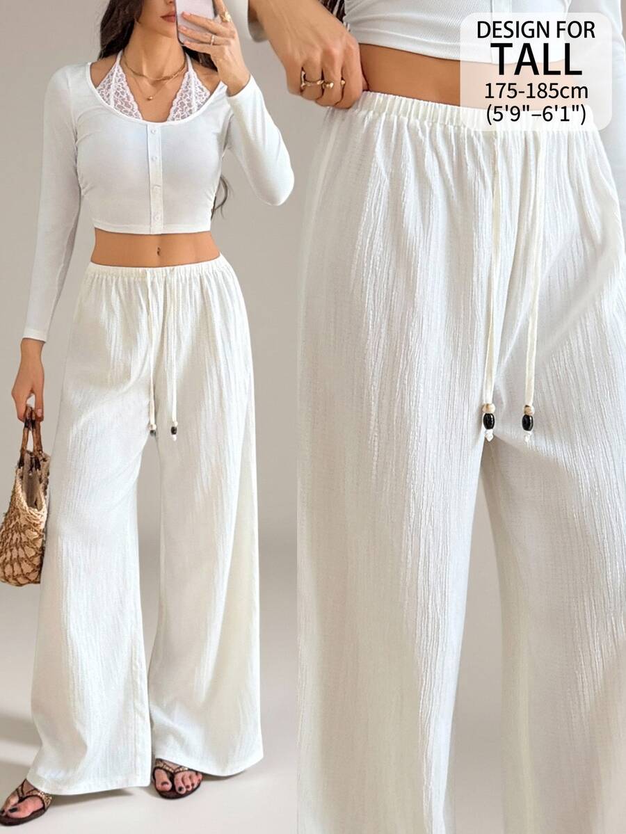 SHEIN Tall Drawstring Waist Wide Leg Pants - White - View 1