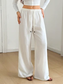 SHEIN Tall Drawstring Waist Wide Leg Pants - White - View 9