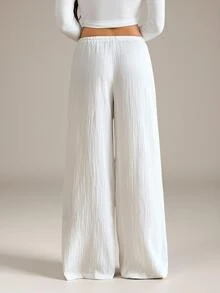 SHEIN Tall Drawstring Waist Wide Leg Pants - White - View 3