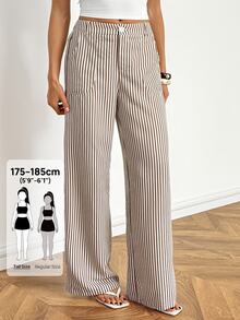 SHEIN Tall Women's Summer/Autumn Low Waist Straight Leg Linen Wide Leg Pants (Suitable For Petite Women) - Khaki - View 1