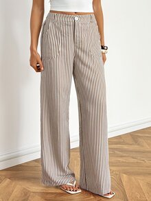 SHEIN Tall Women's Summer/Autumn Low Waist Straight Leg Linen Wide Leg Pants (Suitable For Petite Women) - Khaki - View 8