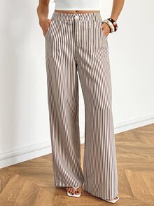 SHEIN Tall Women's Summer/Autumn Low Waist Straight Leg Linen Wide Leg Pants (Suitable For Petite Women) - Khaki - View 4