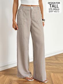 SHEIN Tall Women's Summer/Autumn Low Waist Straight Leg Linen Wide Leg Pants (Suitable For Petite Women) - Khaki - View 7