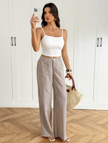 SHEIN Tall Women's Summer/Autumn Low Waist Straight Leg Linen Wide Leg Pants (Suitable For Petite Women) - Khaki - View 6
