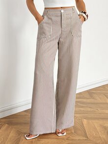 SHEIN Tall Women's Summer/Autumn Low Waist Straight Leg Linen Wide Leg Pants (Suitable For Petite Women) - Khaki - View 3