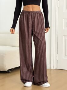 SHEIN Tall Striped Print Drawstring Waist Wide Leg Pants - Brown - View 8