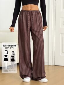 SHEIN Tall Striped Print Drawstring Waist Wide Leg Pants - Brown - View 7