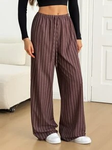 SHEIN Tall Striped Print Drawstring Waist Wide Leg Pants - Brown - View 5