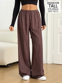 SHEIN Tall Striped Print Drawstring Waist Wide Leg Pants - Brown - View 1
