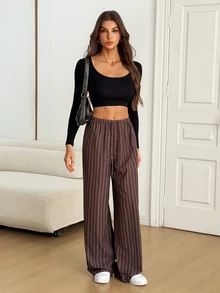 SHEIN Tall Striped Print Drawstring Waist Wide Leg Pants - Brown - View 4