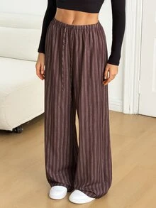 SHEIN Tall Striped Print Drawstring Waist Wide Leg Pants - Brown - View 6