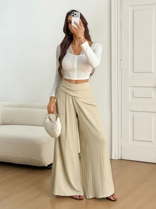 SHEIN Tall High Waist Fold Pleated Wide Leg Pants - Khaki - View 9