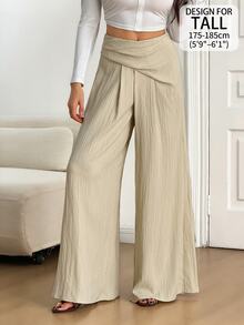 SHEIN Tall High Waist Fold Pleated Wide Leg Pants - Khaki - View 6