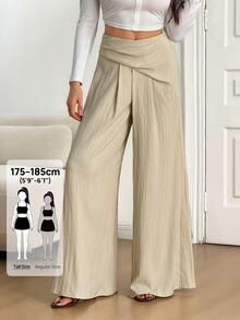 SHEIN Tall High Waist Fold Pleated Wide Leg Pants - Khaki - View 1