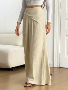 SHEIN Tall High Waist Fold Pleated Wide Leg Pants - Khaki - View 5
