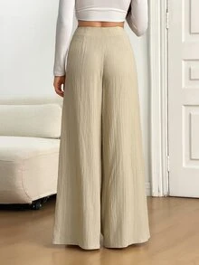 SHEIN Tall High Waist Fold Pleated Wide Leg Pants - Khaki - View 2