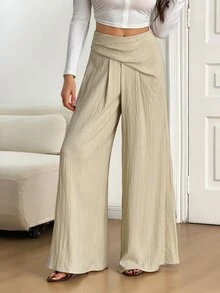 SHEIN Tall High Waist Fold Pleated Wide Leg Pants - Khaki - View 8