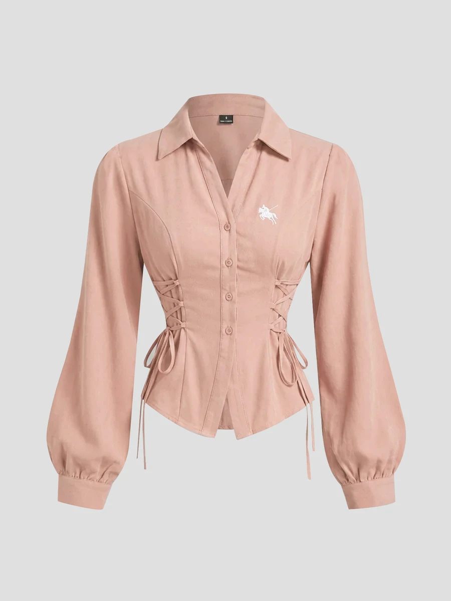 SHEIN MOD 女款優雅燈籠袖繫腰白色襯衫 - 粉色 - 查看 1