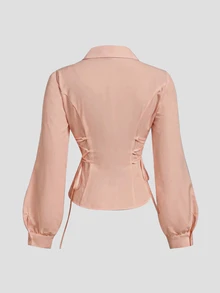 SHEIN MOD 女款優雅燈籠袖繫腰白色襯衫 - 粉色 - 查看 4