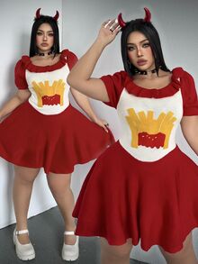Whyspr Halloween Cosplay Plus Size Sweater Dresses - Red - View 1
