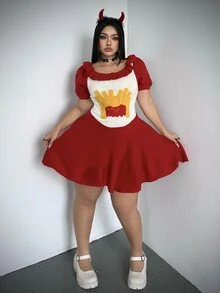 Whyspr Halloween Cosplay Plus Size Sweater Dresses - Red - View 4