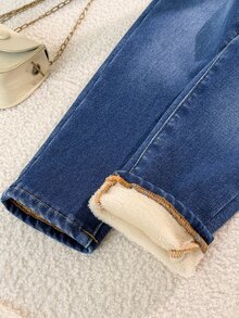 女童深藍色牛仔刷毛內裡彈性緊身長褲 秋冬開學穿搭 牛仔女孩風冬季服飾 - 藍色 - 查看 6