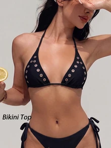 SHEIN Swim Rivet Sexy Party Music Festival Daily Casual Vacation Beach Hollow Out Swimwear Bikini Top - Black - View 4
