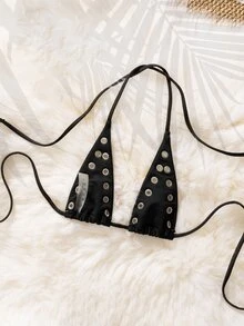 SHEIN Swim Rivet Sexy Party Music Festival Daily Casual Vacation Beach Hollow Out Swimwear Bikini Top - Black - View 7