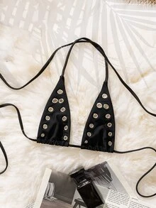 SHEIN Swim Rivet Sexy Party Music Festival Daily Casual Vacation Beach Hollow Out Swimwear Bikini Top - Black - View 6