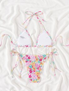 Swim Mod 夏季沙灘隨機花卉印花吊帶鬆緊綁帶比基尼 - 彩色 - 查看 3