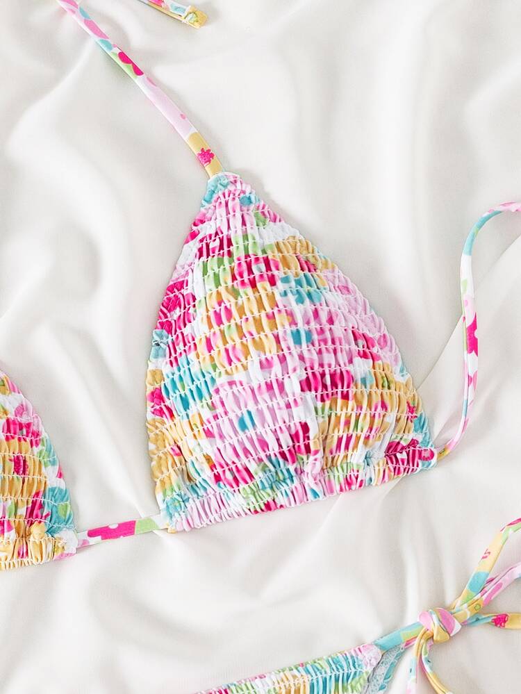 Swim Mod Summer Beach Random Floral Print Halter Smocked Tie Side Bikini - Multicolor - View 3