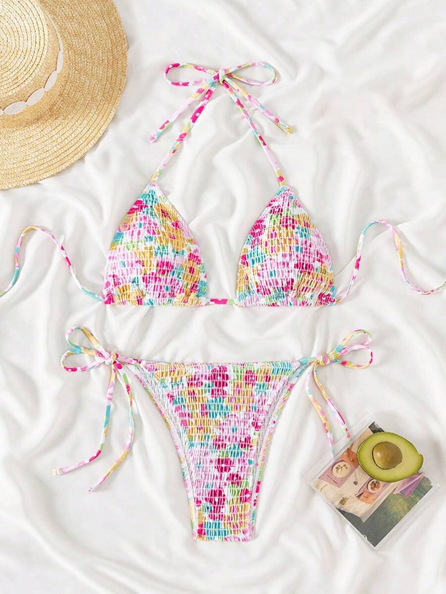 Swim Mod 夏季沙灘隨機花卉印花吊帶鬆緊綁帶比基尼