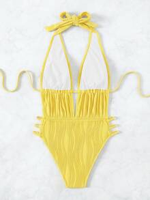 SHEIN Swim 女士纯色深V性感挂脖连体泳衣 - 黃色 - 查看 8