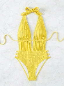 SHEIN Swim 女士纯色深V性感挂脖连体泳衣 - 黃色 - 查看 5