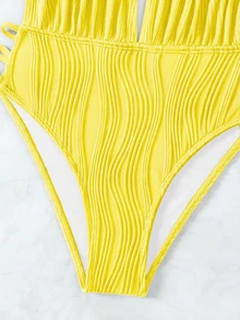 SHEIN Swim 女士纯色深V性感挂脖连体泳衣 - 黃色 - 查看 7