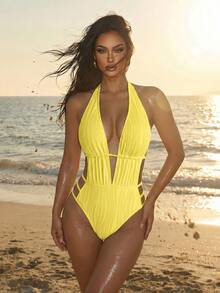 SHEIN Swim 女士纯色深V性感挂脖连体泳衣 - 黃色 - 查看 3