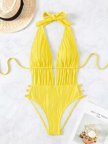 SHEIN Swim 女士纯色深V性感挂脖连体泳衣 - 黃色 - 查看 4