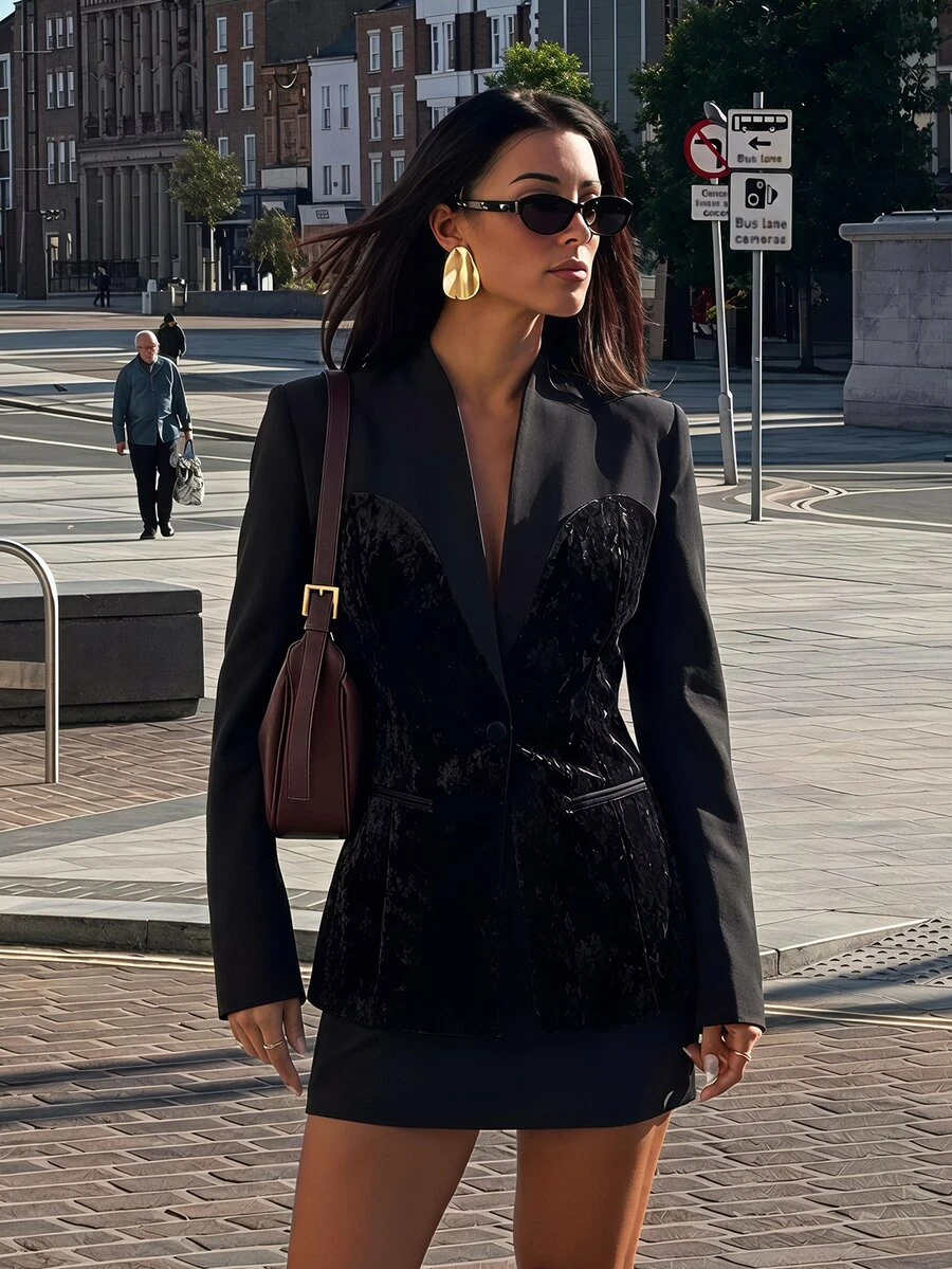 Opulessa Women's Solid Color Long Sleeve Elegant Commuter Blazer - Black - View 1