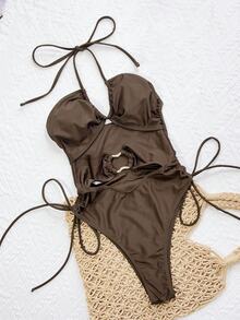 SHEIN Swim 亮面深棕色材质抽绳吊带打结镂空环配饰性感露背连体泳衣女 - 棕色 - 查看 5